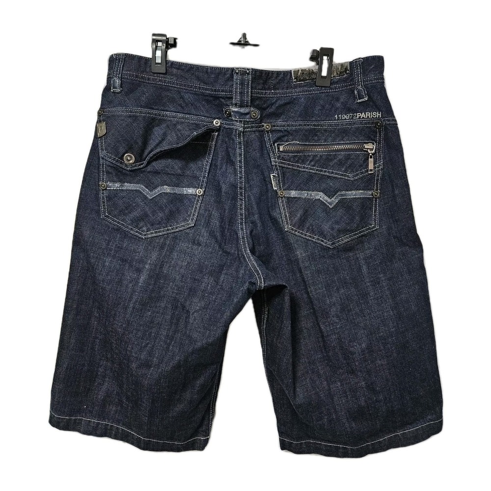 Y2K Parish Denim Shorts Mens 38 Blue Nation Streetwear Baggy Embroidered Urban